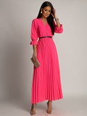 Elegant pleated maxi dress with a belt, neon pink 17160